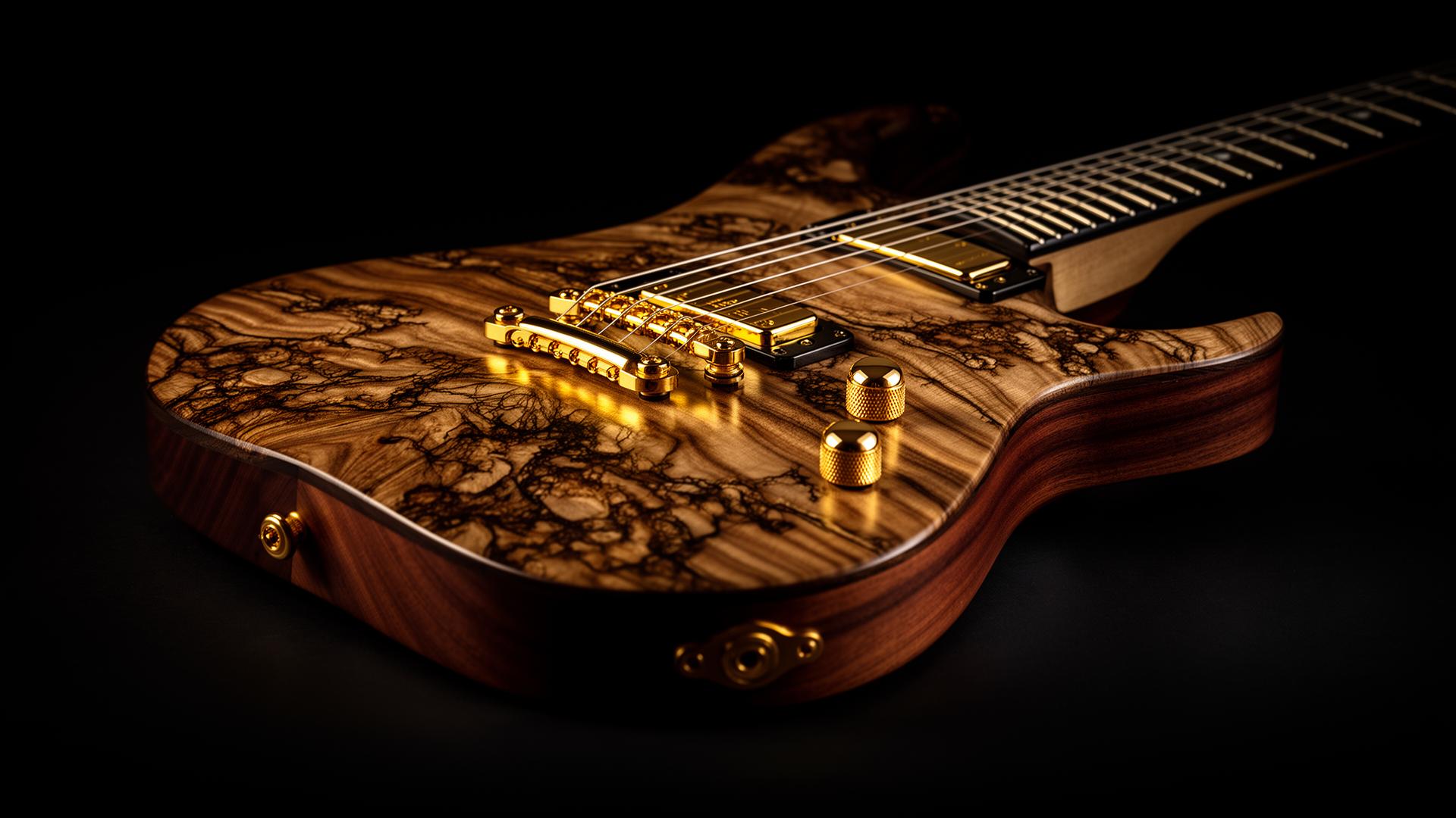 Handcrafted custom electric guitar with exotic wood grain and gold hardware