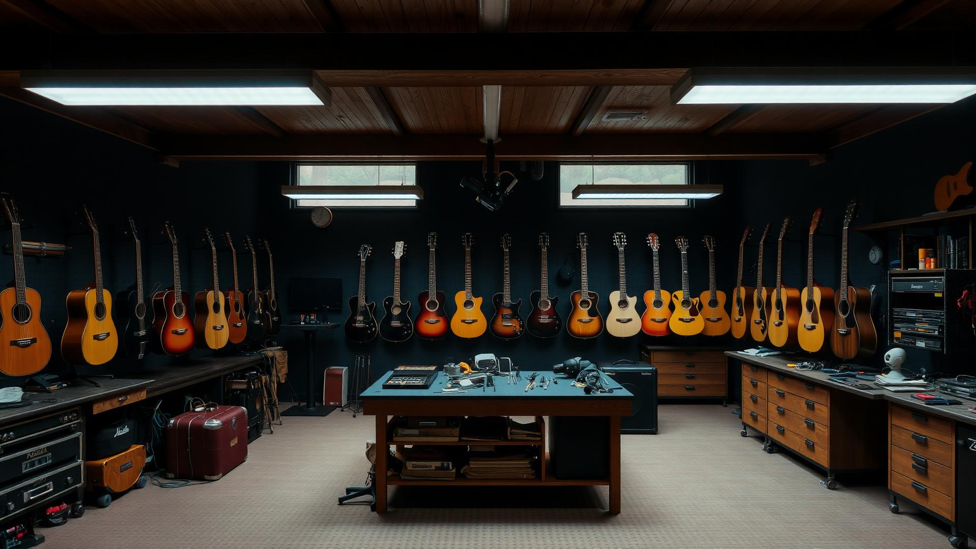 Interior of the GotWood workshop with hanging guitars