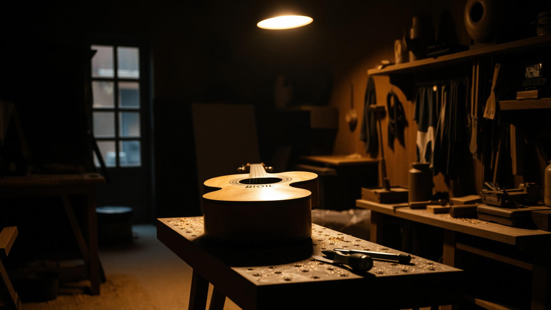 Luthier workshop with guitar body in progress under warm light