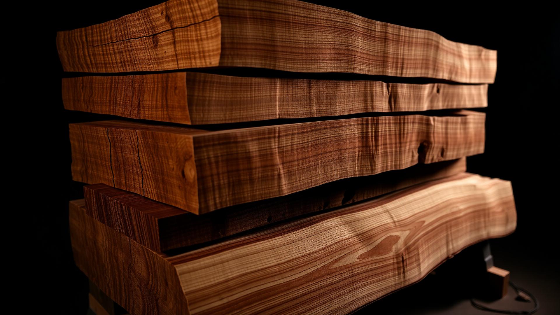 Premium tonewood slabs stacked under dramatic light