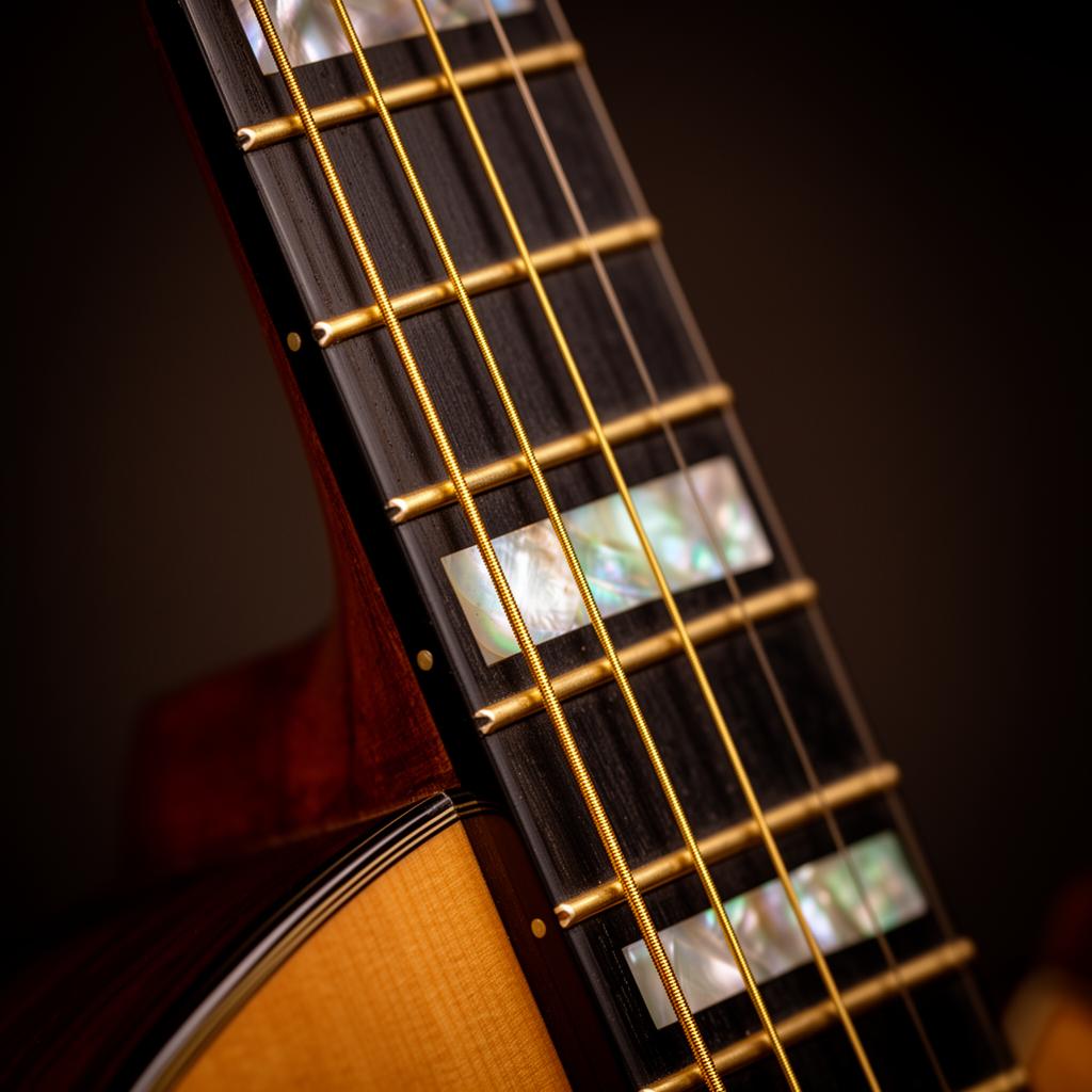 Ebony fretboard with abalone inlays close-up