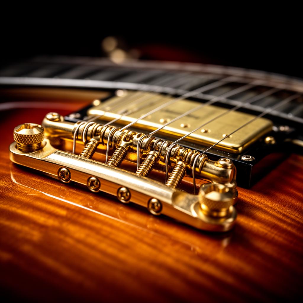 Gold bridge hardware detail on a custom guitar