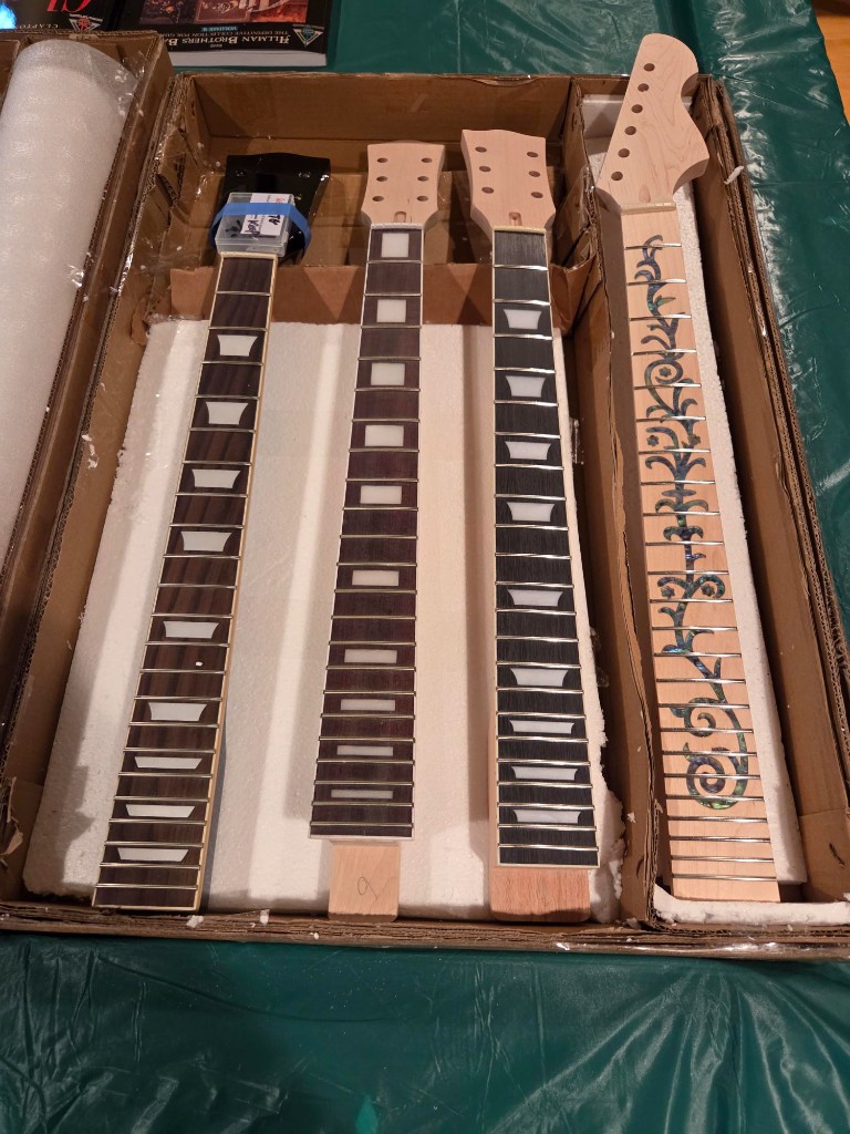 Neck blanks and fretboards in progress at the GotWood workshop